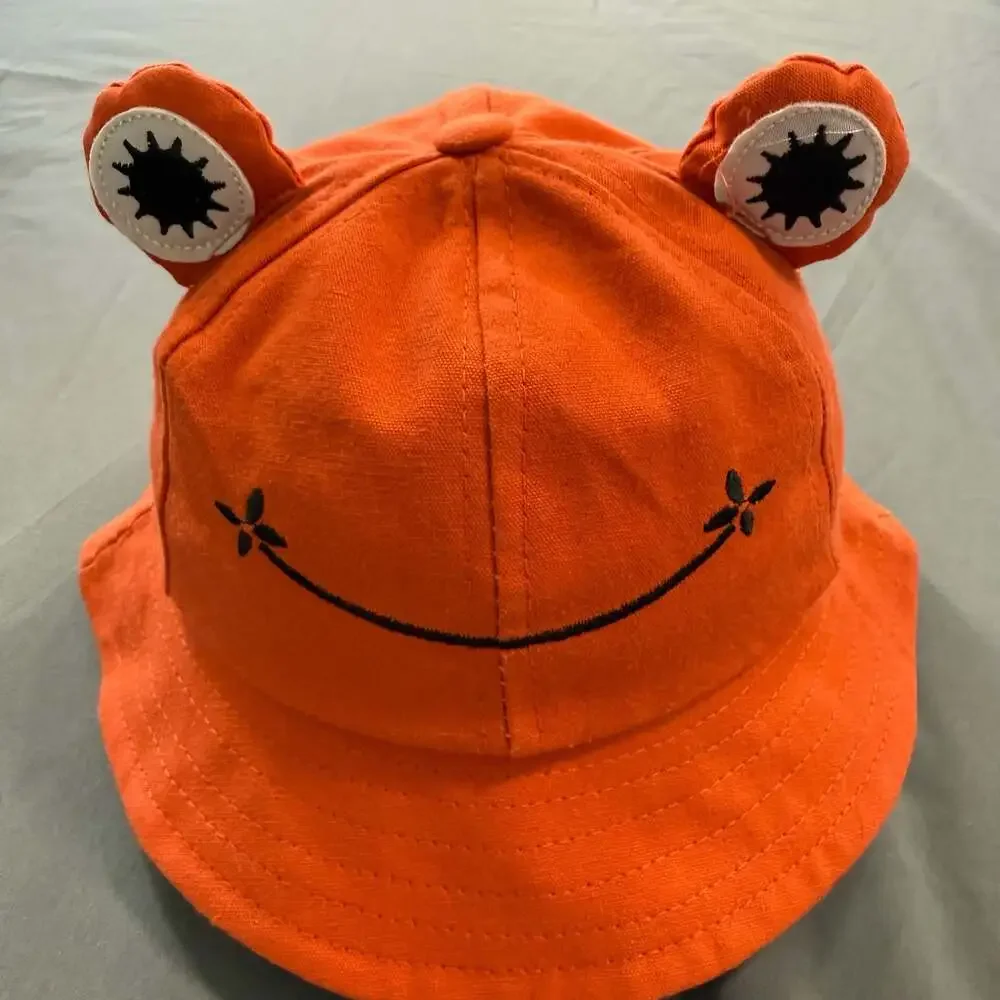 Orange Frog Bucket Hat with Embroidered Smile and Eyes